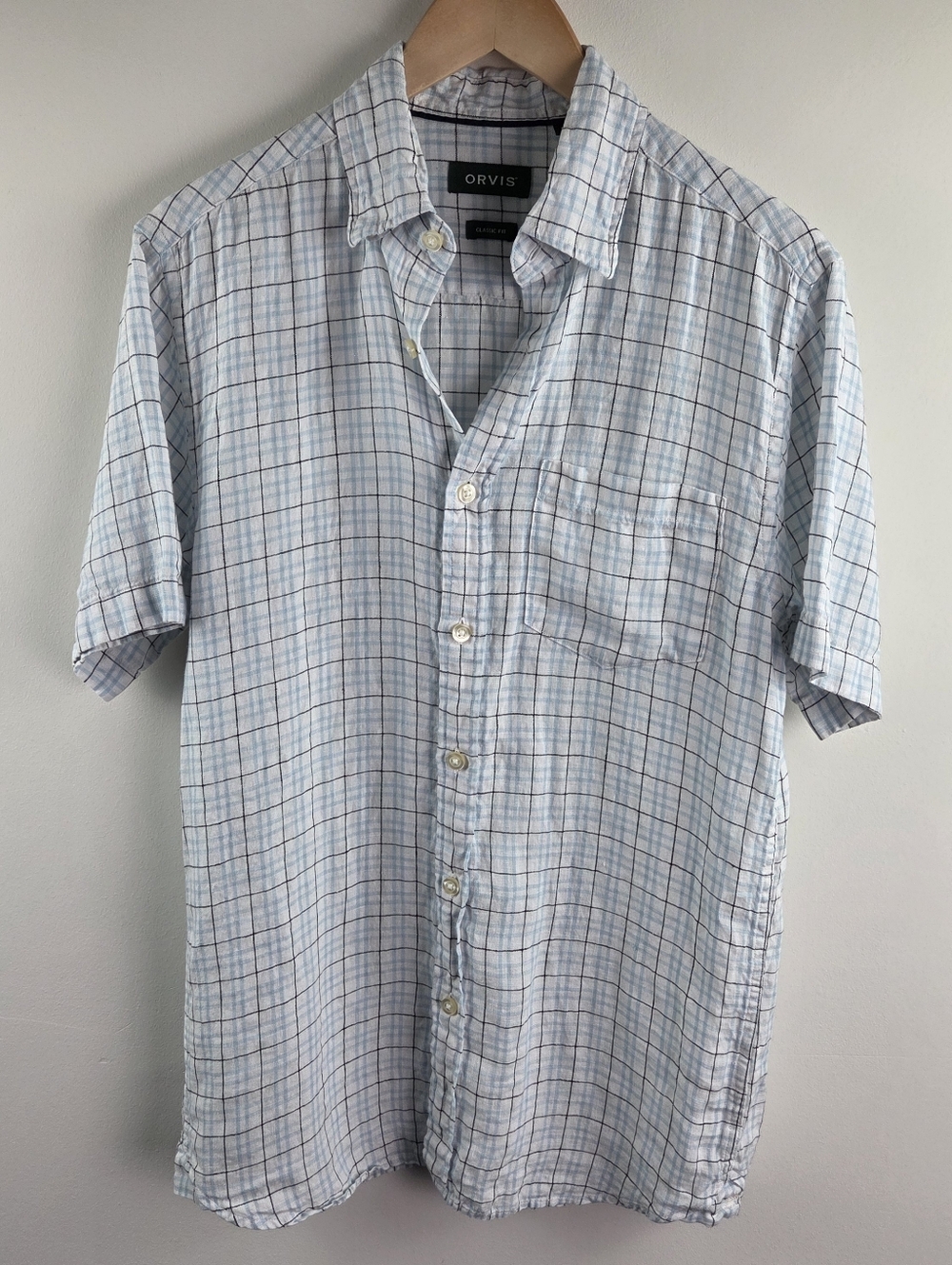 Orvis Shirt Mens Small White Short Sleeve Button Down Plaid 100% Linen Classic
